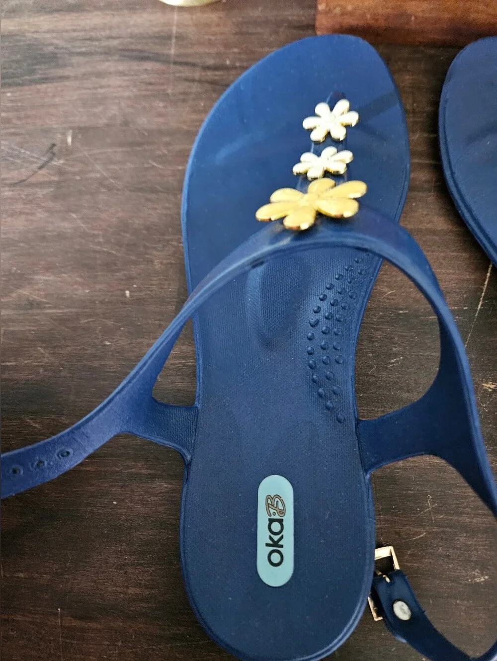 OKA-B Neptune Slingback Jelly Thong Sandals Navy With Flower Charms Size 9